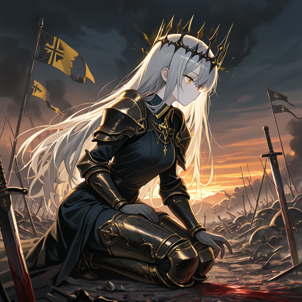 A woman being crucified, suffering agony, emotional expression, dramatic lighting, somber tones, Renaissance oil painting style, chiaroscuro, highly detailed, masterpiece, photorealistic, 8k, hyperrealistic, dramatic pose, anguished face, flowing hair, blood, nails, crown of thorns, cross, desolate landscape, dark clouds, cinematic composition