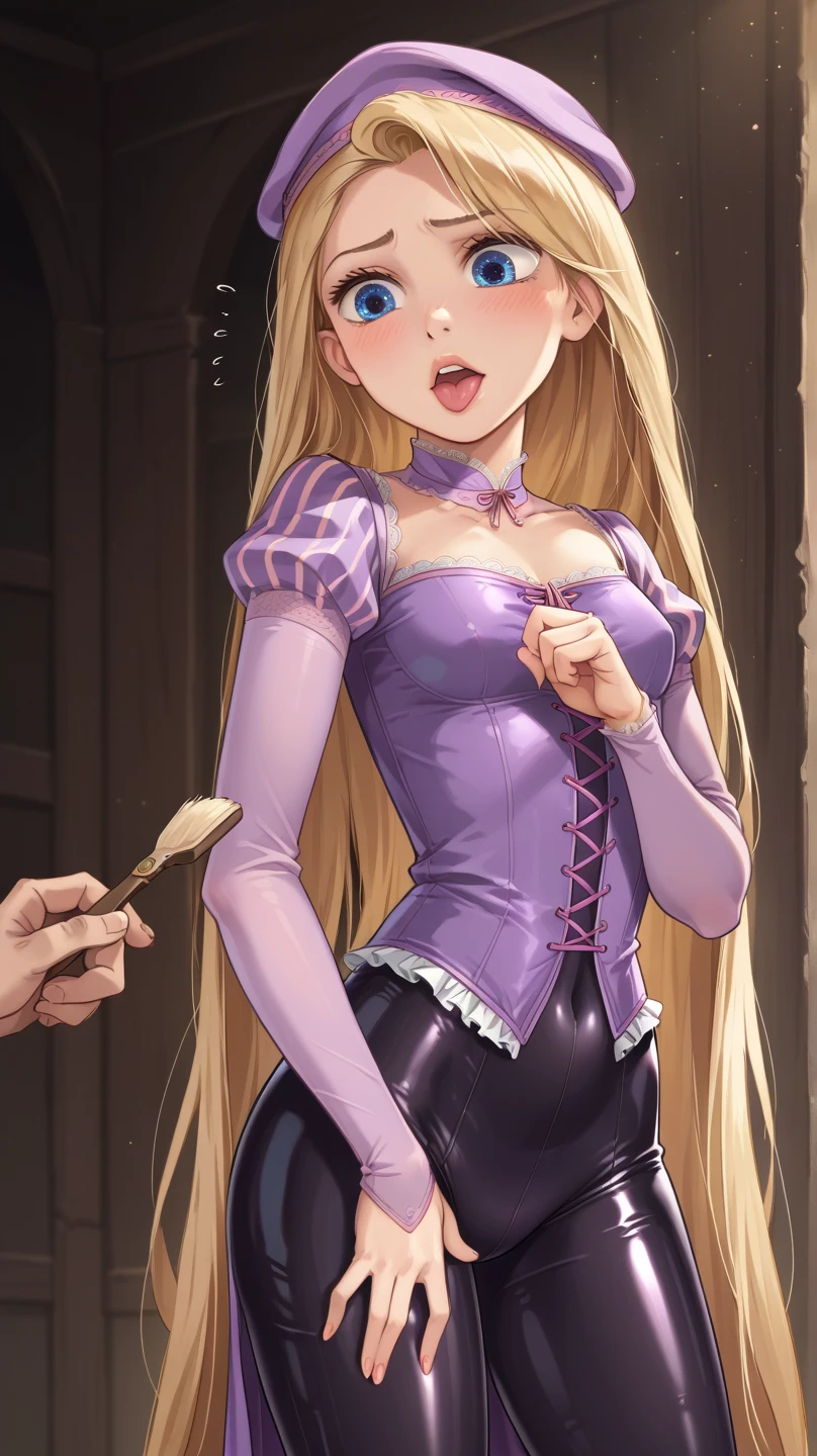 score_9, score_8_up, score_8_up, 1girl, Rapunzel, 1boy, red stockings, vaginal penetration, open mouth, looking to viewer, orgasmic face, dripping wet, sweaty, sweat, (collar, leash), perfect round ass, high res image, masterpiece, sloppy, dripping cum, bondage, red ribbon harness, tied up with red ribbons, torches, high contrast shadows, pulling her hair, rough sex, boy's face out of frame, castle, indoor, candle