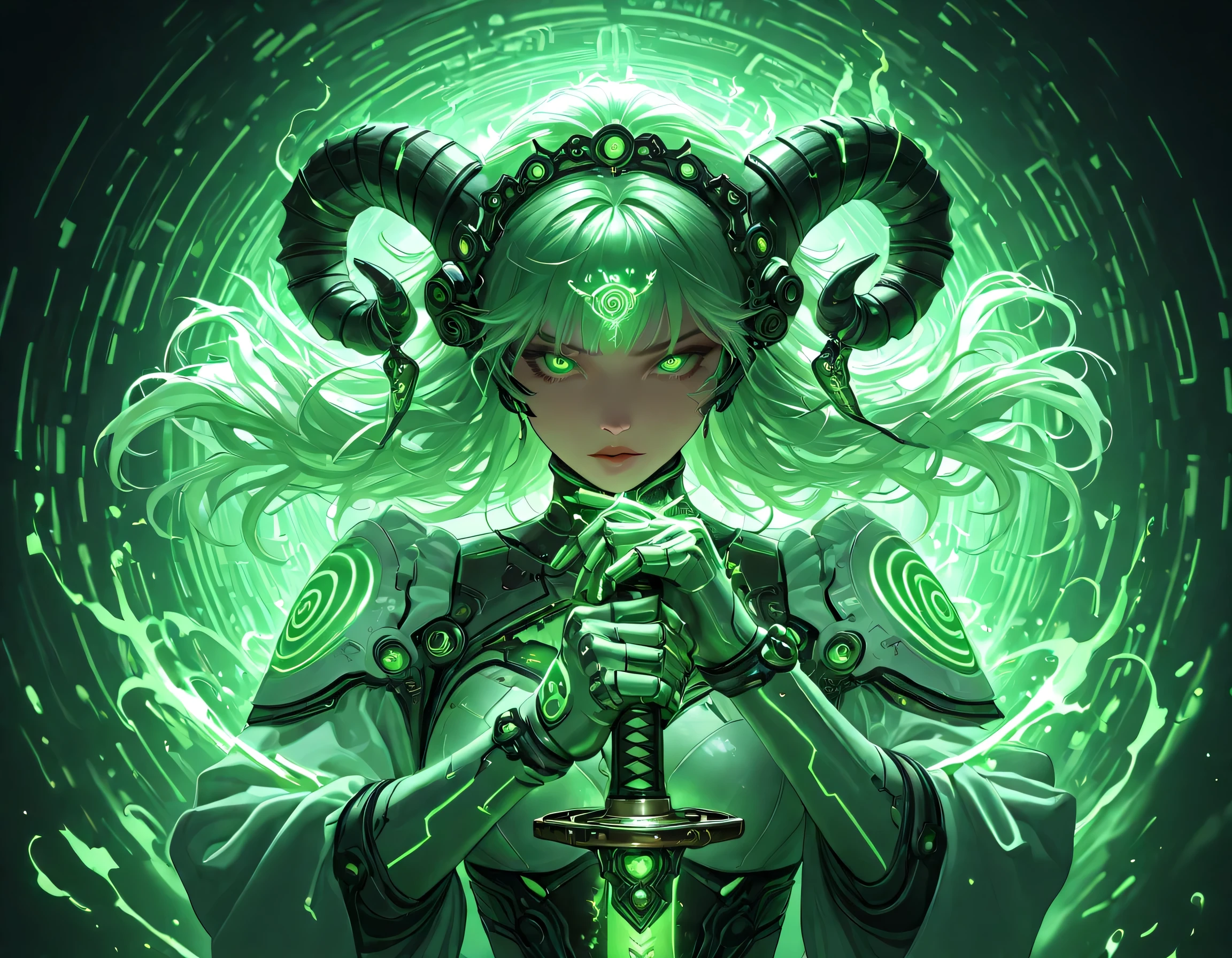 (solo:1.3), 1 Girl, (Depiction Of Goddess Chinese Zodiac), (Goat Zodiac in Cyber Theme), concept art, highly detailed, intricate, cinematic, dynamic pose, striking expression, porcelain skin, flowing hair, delicate features, elegant headdress, ornate jewelry, glowing energy aura, futuristic landscape, neon lights, holographic displays, floating platforms, advanced technology, dramatic lighting, vivid colors, photorealistic, 8K, HDR, professional digital art,(green Theme), intricate detailed Goat cybernetic,(spiral sheep horn:1.3), masterpiece, upper body, close shot, fight pose, Katana, Vibrant Neon katana,