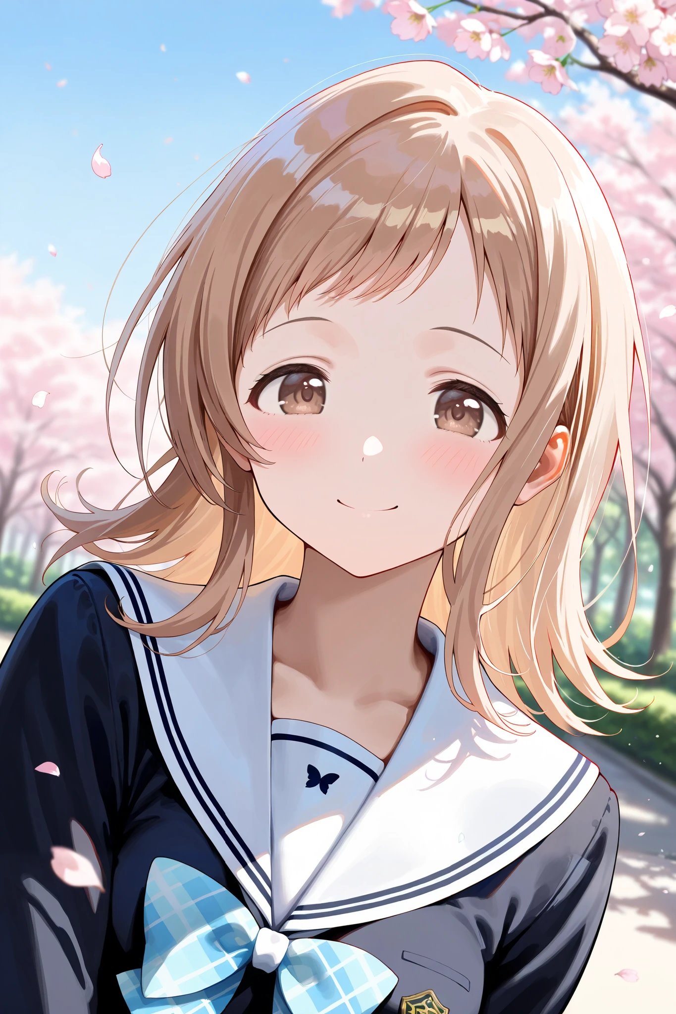 (masterpiece), (Highest quality), (Very detailed),
(The best shape), (Best Shadow), (Absurd),
(Detailed Background), (So beautiful), Shiny,
Beautiful eyes in every detail, Extraordinary, Countershading, 8k, 32K, High resolution,
Very Detailed CG ,
Score_9, Score_8_up, Score_7_up, Source_anime,
(Pastel painting:1.2), (Watercolor painting:1.2),
(Masterpiece, Detailed:1.2), (Foreshortening:1.2),
Cinematic, Dramatic, (Depth of field:1.4),
(Blurry background:1.4), (Realistic background:1.4), Dynamic angle,
1 girl, Solo,
Outdoors, Nature, Park, Wind,
Spring, Cherry blossoms,
Sakuragi Mano,
the idolm@ster shiny colors,
mano sakuragi,
(Brown hair:1.1), Medium hair, Brown eyes,
(School uniform:1.3),
(Black sailor suit:1.3), Long sleeves sailor suit, (White collar sailor suit:1.4),
Ribbon, Light blue ribbon, Butterfly ribbon,
(Blush:1.3),
Portrait,
Focus on face, (Close up shot:1.2),
Smile, Happy,
Realistic skin,
Shiny skin,