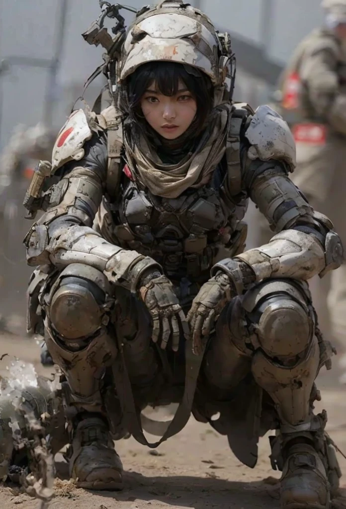 , a beautiful Japanese woman from the Allied Special Forces wears worn powered exoskeleton, realistic near-future, realistic expression, futuristic headgear, accurate and detailed equipment, full body shot image,emotive image, dynamic, blurred background、