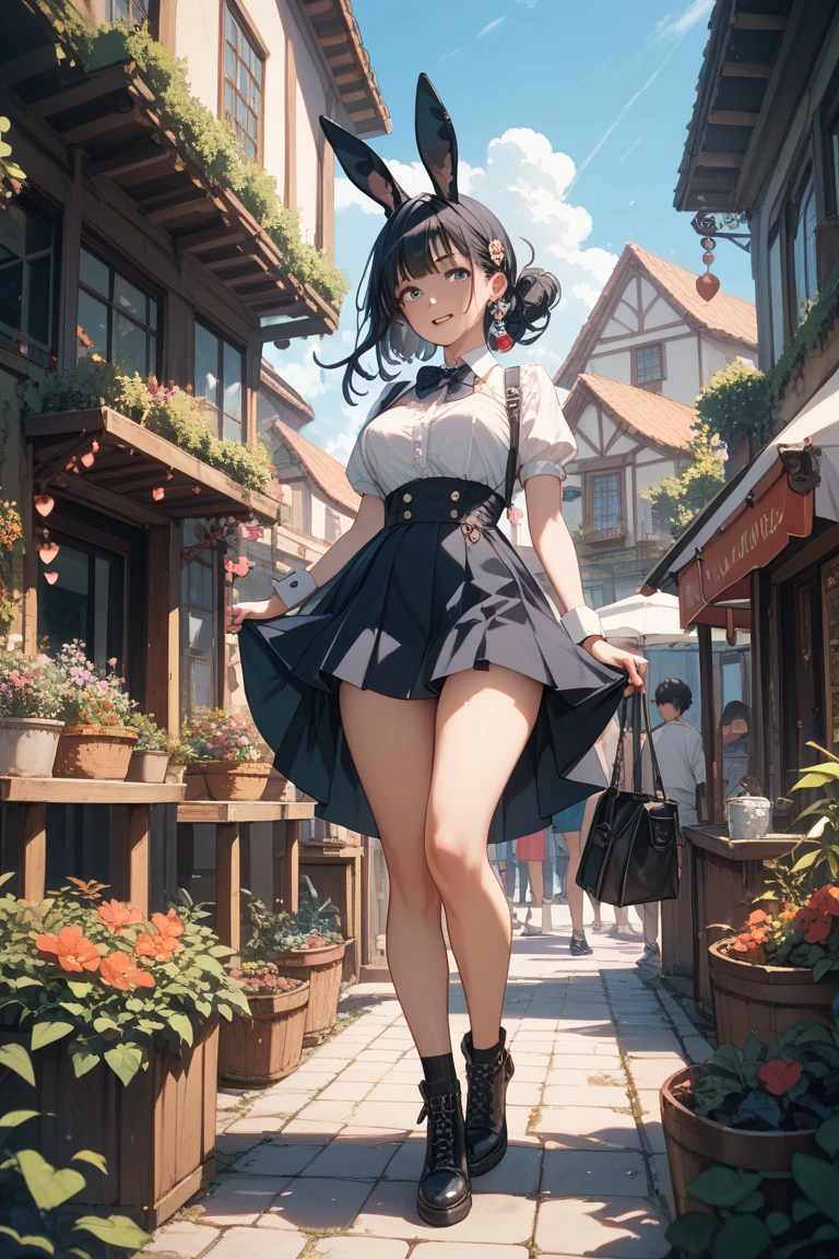 (masutepiece, Best Quality, ultra-detailliert), (high detailing, Hyper Detailed), Beautiful 25 year old girl in an amusement park, Happy, Adult female body, Small breasts, Provocative body, Black hair, Long straight hair、tome&#39;The edges are a little dirty, Dress up like a Disney princess, black dress with blue details,(Neat long skirt)、 Silver crown, Detailed face, Clear focus, Help the villagers in town (mess - house: 0.8), (masutepiece: 1.2) ( Realistic: 1.2) (Bokeh) (Best Quality) (Detailed appearance: 1.3) (Intricate details) (8K) (Eye Detail) (Sharp Focus), (Happy)、((Strong wind from below))、((up skirt))、(big panty shot)、((Lace pantie))、(((Very erotic panties)))、(((Black pubic hair grows)))、(((Pubic hair through panties)))