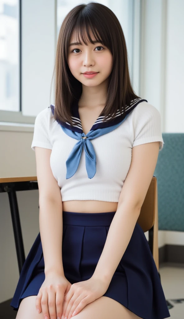 (18yo, young, cute:1.3), (japanese 1girl idol:1.2), ultra highres, real skin, Hyperrealism, glistening skin, professional photograph, (absurdres:1.4), 8K, (RAW photo:1.2), (extremely detailed clothing), (extremely detailed legs), best quality, ultra detailed, absolutely resolution, (face is shiny:0.8), (shiny skin:0.8), best hands, nice hands, perfect hands, BREAK、(1 Girl),((18-year-old))、(View your viewers),(Long black hair),(Navy blue sailor suit、Pleated miniskirt with tartan check、Plain white panties)、(sitting with knees up, spread legs:1.5、sit on the floor)、(Sit with legs apart on the classroom floor、She spreads her legs to show her white panties、Sitting with Knees Up、Show off the crotch of white panties)、(loafers)、(Slender figure、Small waist、Thin legs、Thin thighs)、白いloose socks