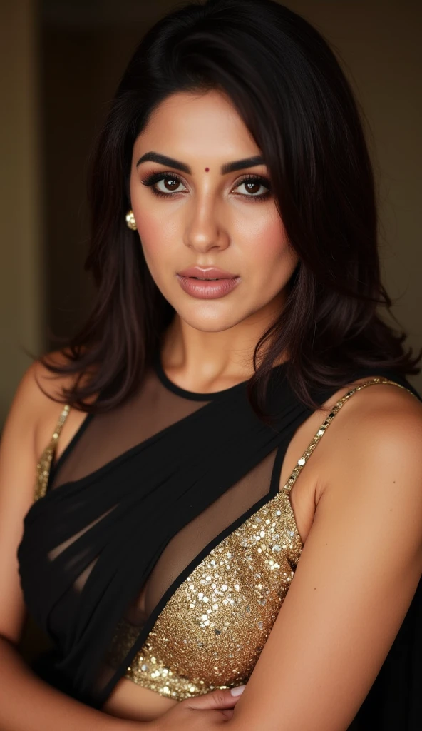 a beautiful indian woman wearing an elegant indian cotton silk saree, off-shoulder sequin blouse, exposed navel, d-cup sagging breasts, low v-neck, messy bun hairstyle, posing seductively on a bed in a bedroom with honeymoon vibes,(best quality,4k,8k,highres,masterpiece:1.2),ultra-detailed,(realistic,photorealistic,photo-realistic:1.37),intricate details,cinematic lighting,dramatic colors,cinematic composition,mystical atmosphere,sensual,alluring