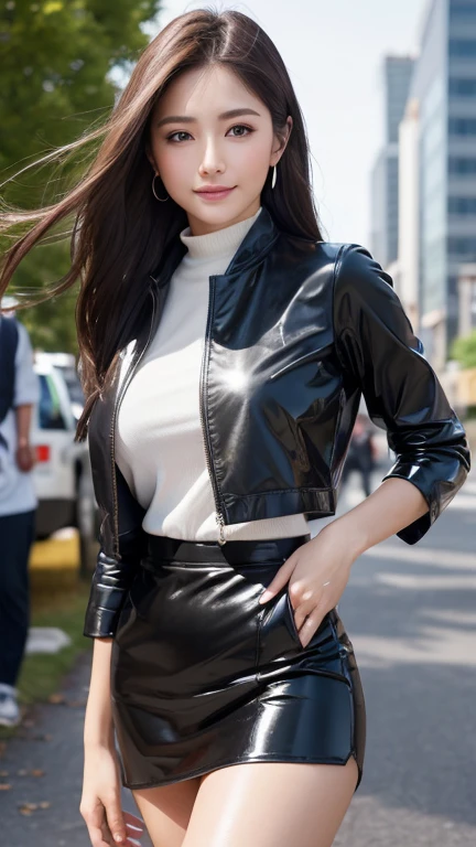 one girls, poneyTail, Smiling smile, Brown hair、azure eyes、Large ribbon、Tight mini skirt in leather、She getting out of the car、