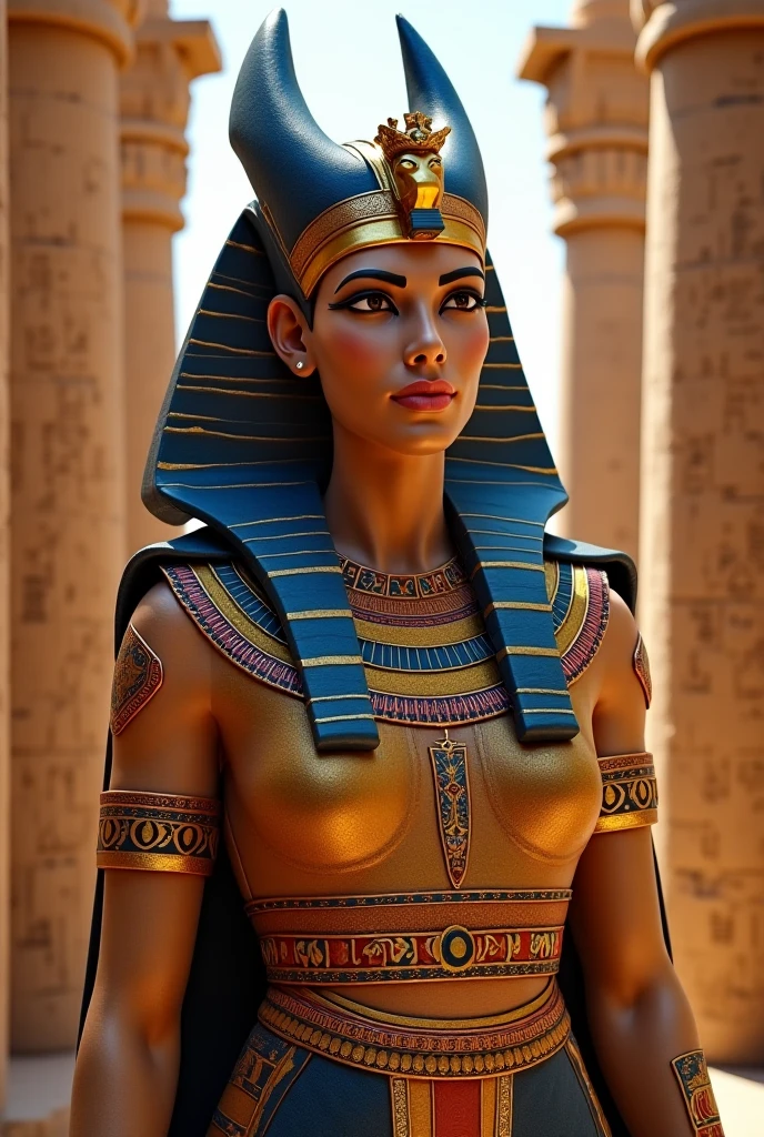 (best quality,4K,highly detailed full body shot),ancient Egyptian-style stone statue of a woman, topless; chubby, soft skin, voluminous, seductive face expression, seductive smile, mesmerizing eyes, intricate headdress, delicate features, delicate carving details, smooth texture, captivating pose, elegant posture, radiant beauty, majestic presence, mystical aura, adorned with jewels and gold, regal attire, flowing robes, elaborate patterns, intricate engravings, rich color palette, warm earth tones, golden accents, soft lighting, dramatic shadows, mesmerizing gaze, enchanting atmosphere.