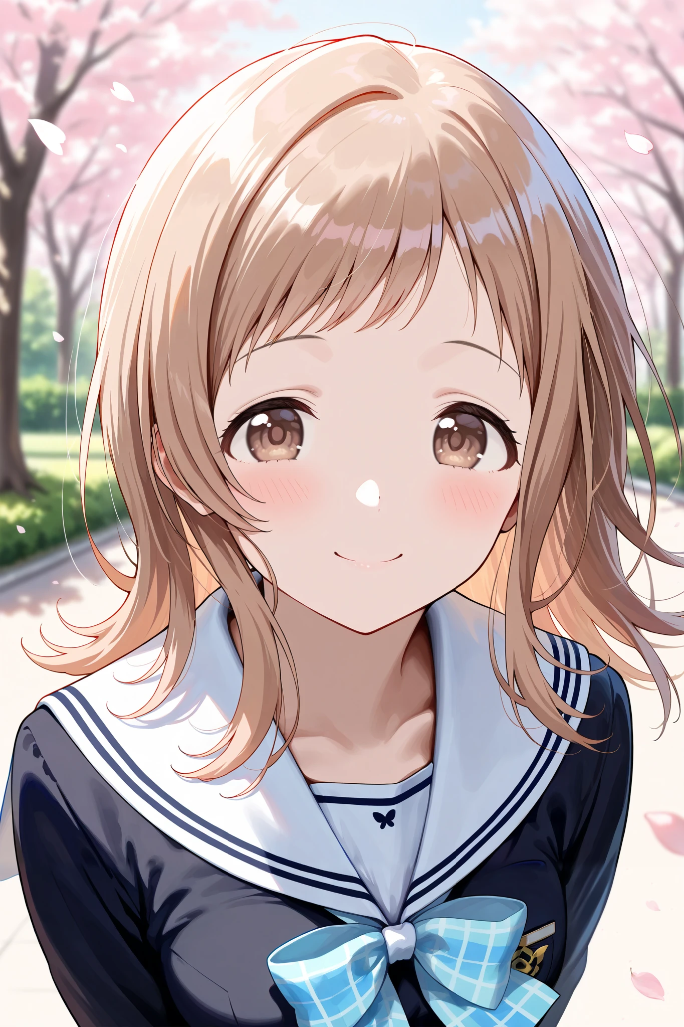 (masterpiece), (Highest quality), (Very detailed),
(The best shape), (Best Shadow), (Absurd),
(Detailed Background), (So beautiful), Shiny,
Beautiful eyes in every detail, Extraordinary, Countershading, 8k, 32K, High resolution,
Very Detailed CG ,
Score_9, Score_8_up, Score_7_up, Source_anime,
(Pastel painting:1.2), (Watercolor painting:1.2),
(Masterpiece, Detailed:1.2), (Foreshortening:1.2),
Cinematic, Dramatic, (Depth of field:1.4),
(Blurry background:1.4), (Realistic background:1.4), Dynamic angle,
1 girl, Solo,
Outdoors, Nature, Park, Wind,
Spring, Cherry blossoms,
Sakuragi Mano,
the idolm@ster shiny colors,
mano sakuragi,
(Brown hair:1.1), Medium hair, Brown eyes,
(School uniform:1.3),
(Black sailor suit:1.3), Long sleeves sailor suit, (White collar sailor suit:1.4),
Ribbon, Light blue ribbon, Butterfly ribbon,
(Blush:1.3),
Portrait,
Focus on face, (Close up shot:1.2),
Smile, Happy,
Realistic skin,
Shiny skin,