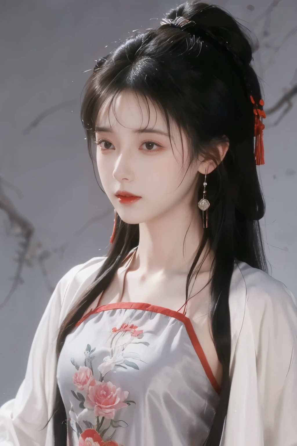 Chinese ancient style ink style 2.0,Brush Draw 2.0,Splash ink decoration 1.4,Seven points are similar,teens girl,cabelos preto e longos,hair adornments,The body returns the picture,Only the sides,Long sword in hand,Sword openwork decoration。Black and red conservative clothes,Chinese style Hanfu,Redlip,largeeyes,Rice paper background --auto