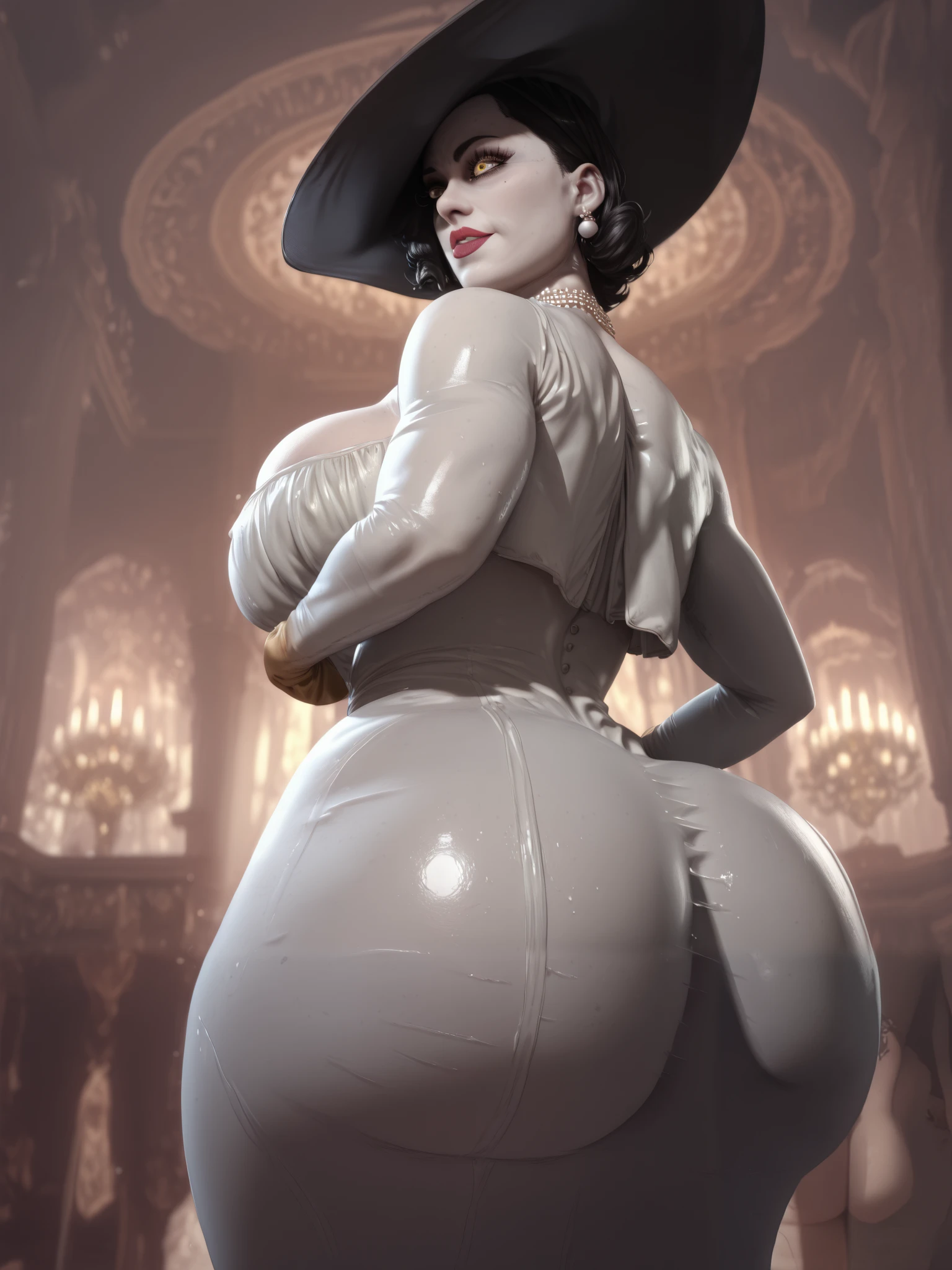 alcina, ass focus, turnaround, Anatomically correct, young girl, yellow eyes,black hair,short hair,white dress, high cheekbones, glossy lips, thick lips, curvaceous, wide hips, big breast, huge ass, milf, hoop earrings, tane skin, upper body, standing, curvy, from below, from behind look at viewer, high resolution, thick thights, big breast