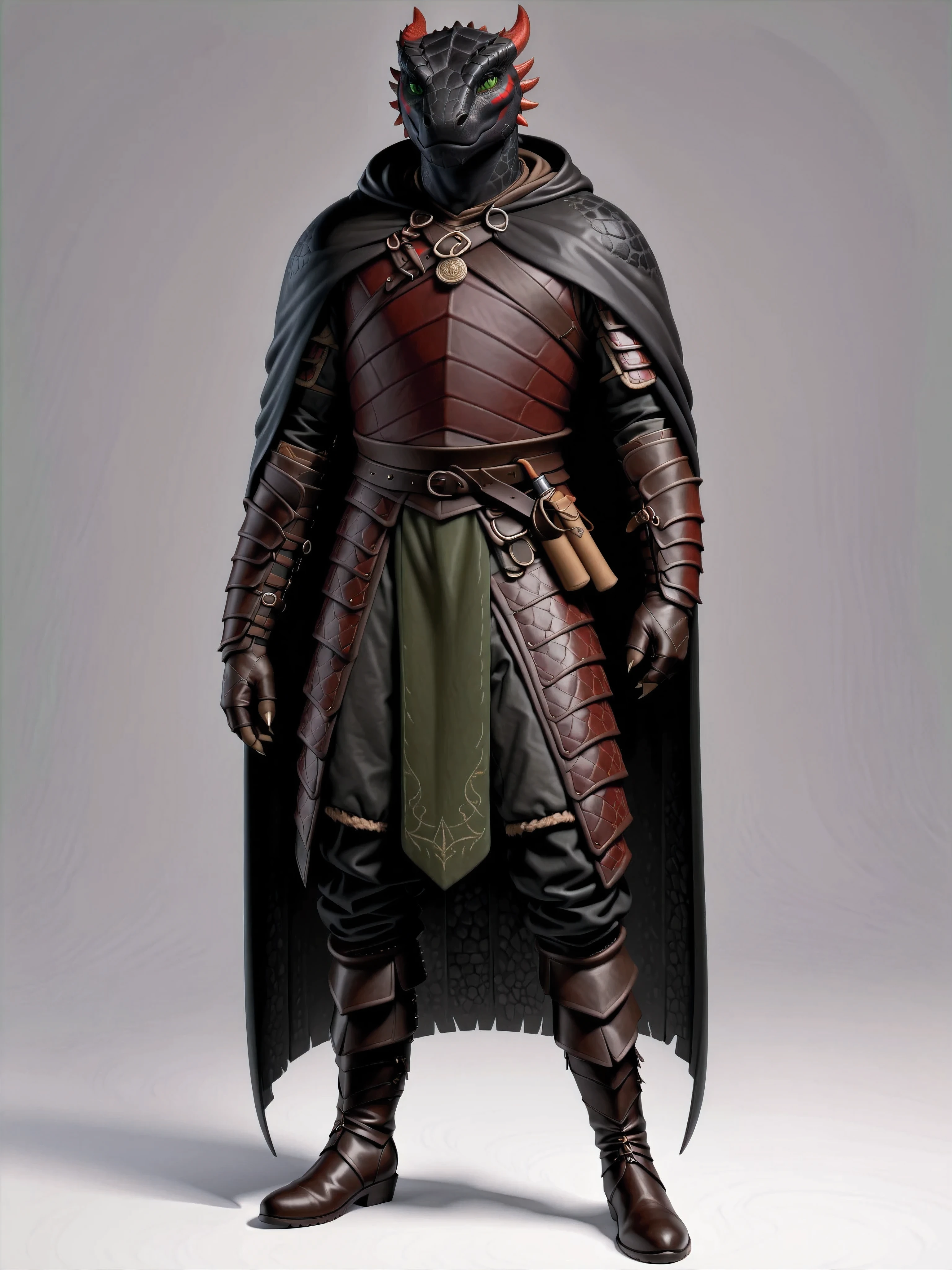 (Masterpiece, Absurdres, Hyper detailed, 4k, UHD), Anatomically correct, Standing, White background, BREAK Medieval European fantasy, The Elder Scrolls character, Cool adult male, Argonian, Scout, (Black skin:1.1), Green eyes, (Red face paint around the eyes:0.8), Wearing leather armor, Black pants, Black cloak, Boots, Leather gloves,