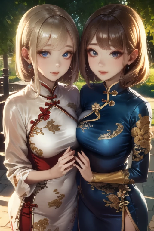 1 woman　Korean Idol　Mature Woman　Wavy blonde with bangs　short hair　Fuller lips　Shiny metallic blue cheongsam long dress 　((dressing))　Looking into the camera　Duck mouth　Sweaty, shiny skin　Bright red lipstick　A rooftop with a beautiful view of Beijing&#39;s nightscape　Photorealistic Blushed Cheeks　She rolls up her skirt to show her pussy:1.7