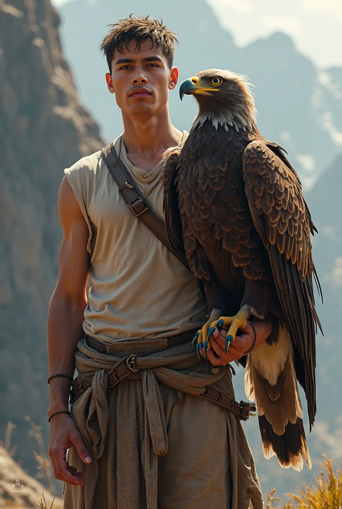 A handsome beautiful slim shirtless white skin man in the desert with a falcon