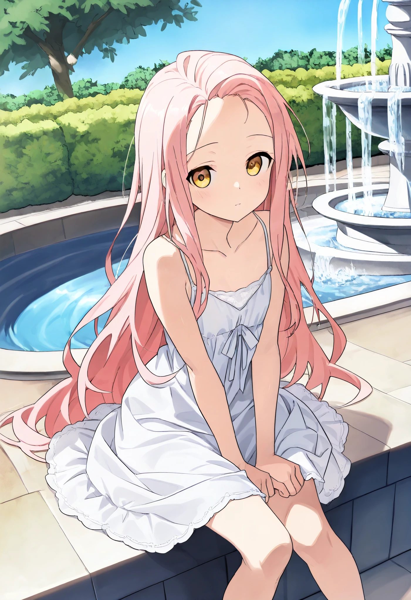 (score_9, score_8_up, score_7_up, score_6_up, score_5_up, score_4_up, top quality),(anime, Very Detailed), girl, Forehead, long hair, Light Pink Hair, golden eyes, white camisole dress, Sit in front of a fountain, garden