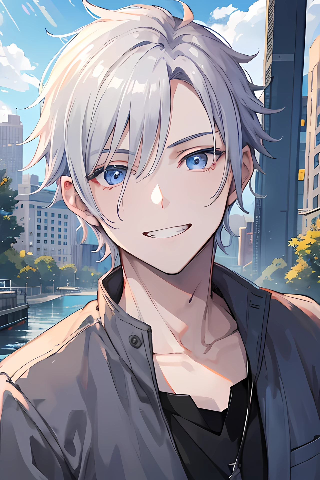Young man, grey hair, blue eyes, toothy smile face, handsome man, casual wear, cool boy, bad boy, tall man, scenery background, pose, close up, hd, hd,