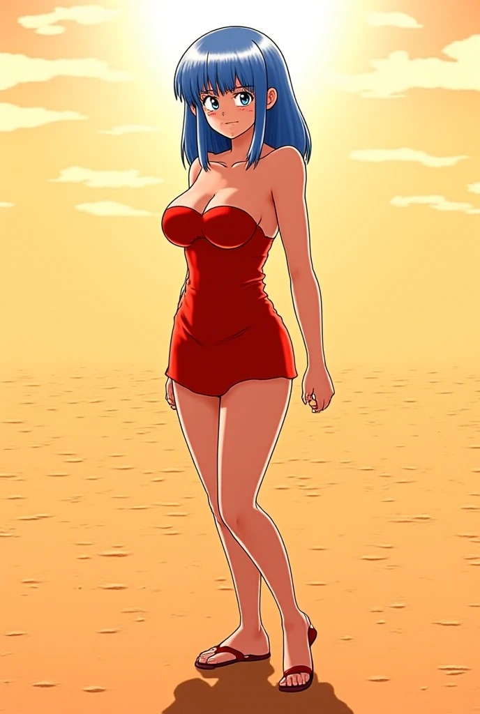 Bulma, 1girl, Blue hair, pink night gown, bare foot, beautiful female body, beautiful breasts, no underclothing, background: beach