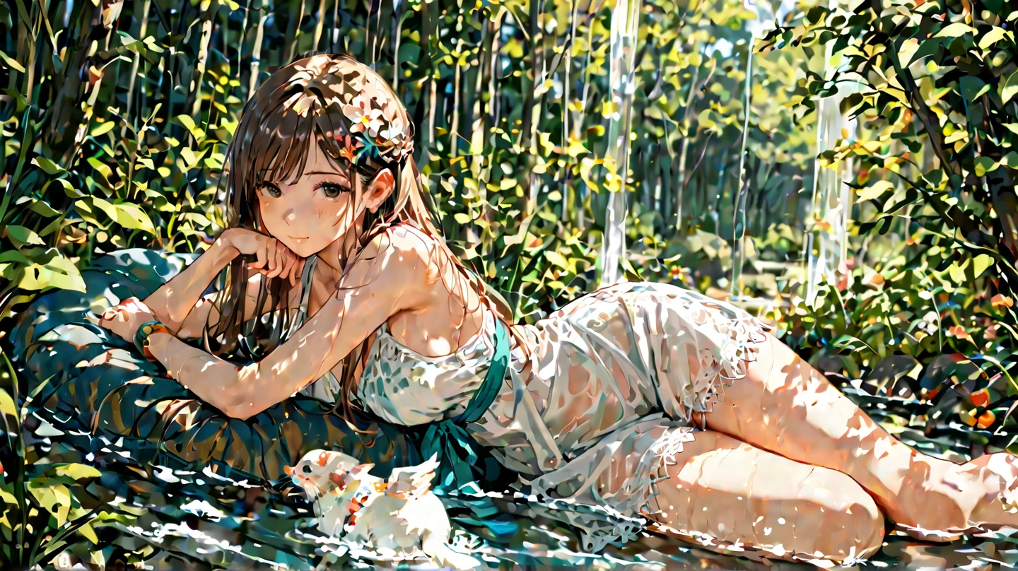 In an expressionist and romantic style. A very beautiful young woman dives into the water of a river and shouts with joy with her hands up.. complex composition. Obra de arte. Arte expresivo. (obra maestra) (mejor calidad)