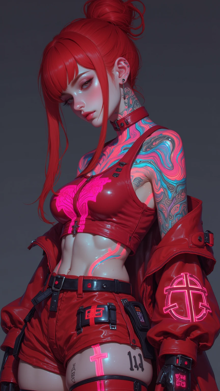 a woman with tattoos and piercings standing in front of a red background, badass anime 8 k, anime character; full body art, anime style 4 k, cyberpunk anime girl, cyberpunk cyborg. roses, anime cyberpunk art, female cyberpunk anime girl, red armor, cyberpunk anime girl in hoodie, 8k high quality detailed art, anime woman fullbody art