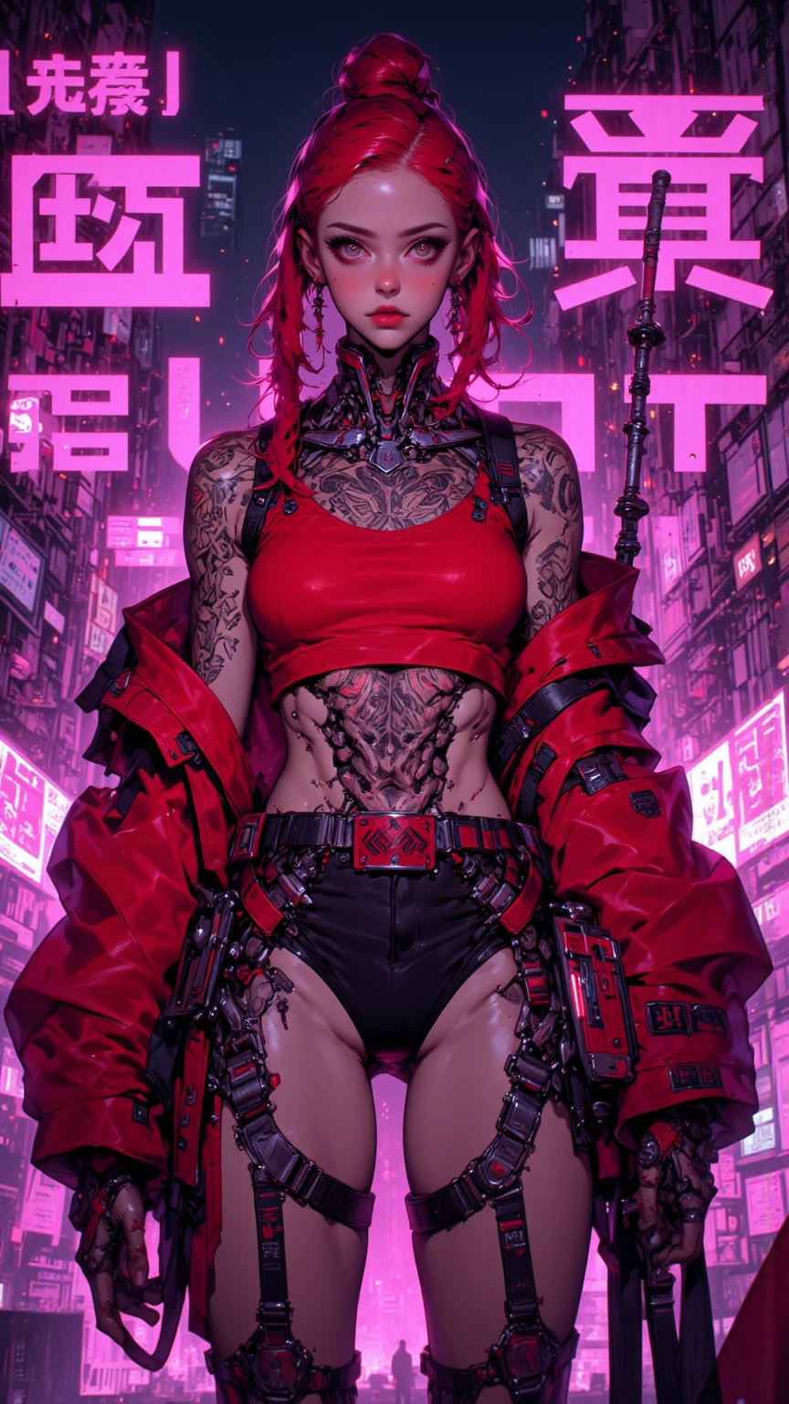 there is a woman with a red bra top and black pants, e - girl, e-girl, imvu, second life avatar, punk outfit, in cyber punk 2077, mechanic punk outfit, cyber punk setting, upper body avatar, wearing a punk outfit, tanny skin, punk girl, dressed in punk clothing, diselpunk, diesel punk female