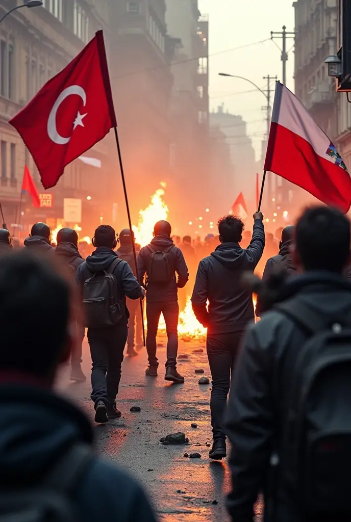 Photo of a demonstration by students and members of the public throwing stones at each other and lighting fires. Some of the demonstrators were carrying red and white flags..