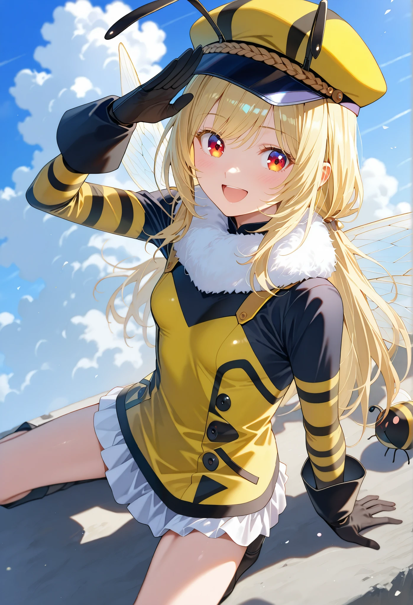 ■構図■view from above,She is positioned in the center of the image,
 ■背景■The background features a light-blue sky dotted with fluffy white clouds,Battlefield visible in the distance,
 ■People■(Beautiful Girl Who Cosplay as a Bee:1.3),(:0.3),salute,
 ■顔■blonde long hair,(detailed blonde eyelashes:1.2),laughing,looking at viewer,
 ■Body Type■Skinny,perky breasts,small breasts,
 ■服装■The woman's attire consists of a form-fitting, bright yellow bodysuit with black accents, resembling a stylized bee-like costume.(Exposed thighs:1.1),frilled body suit,military style,Transparent bee wings,bee antenna,bare legs