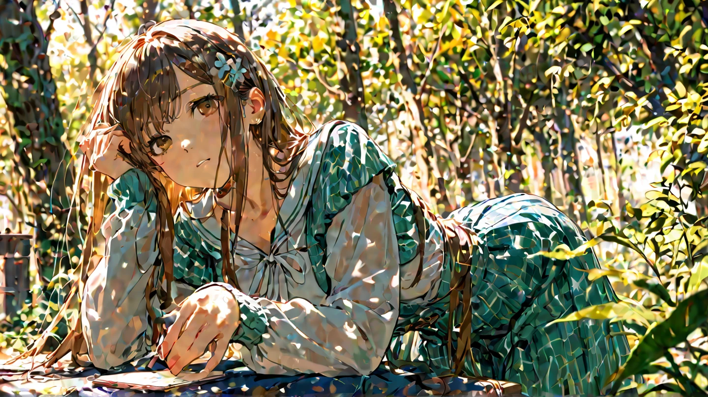 Mist in the Woods, A female warrior taking a brief respite, wearing fully clothed dress, giga_busty
