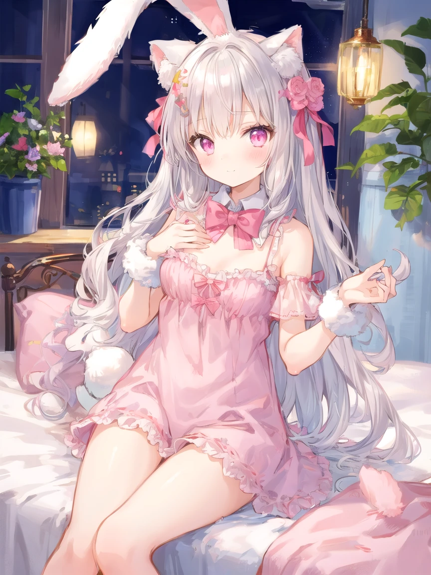 beautiful illustrations, highest quality, pretty girl, 1girl, Bedroom, pastel colour, fluffy rabbit ears, (two-separated lingerie), cute lingerie, long silver hair, rabbit stuffed animal, bright lighting, Pale pink eyes