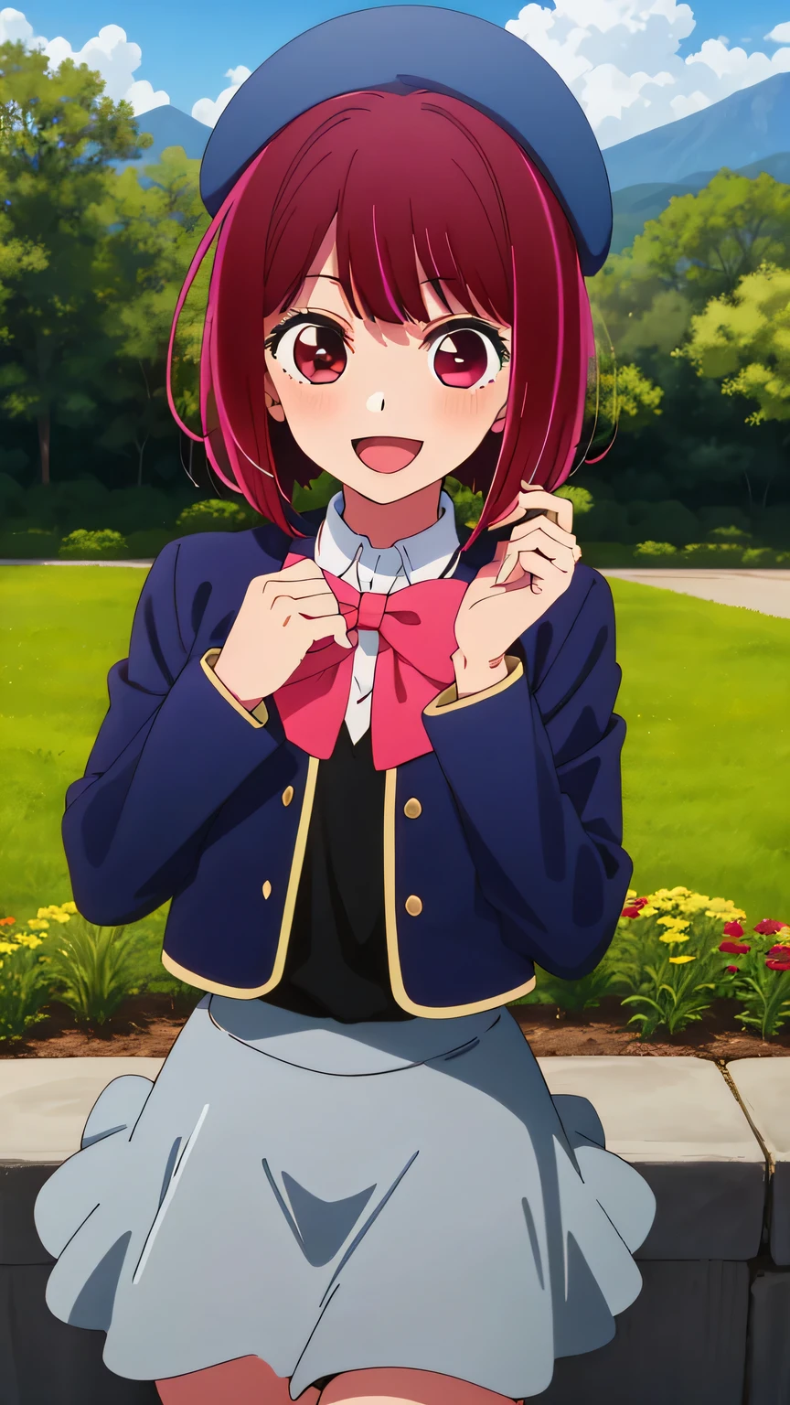 {{{masterpiece}}}, (best quality:1.5), (ultra-detailed:1.5), {illustration}, {{an extremely delicate and beautiful}}, (beautiful detailed eyes:1.6), absurdres, highres, extremely detailed face, 16k, hd, visual anime de uma jovem mulher, extremamente bonito rosto de anime, anime melhor garota, (perfect hands, perfect anatomy), anime face, Arima Kana (Oshi No Ko), 1gril, solo, cute face, Red hair, very big eyes, short hair, bob hair, bangs, (red eyes:1.5), medium breasts, big hips, curvaceous, BREAK, blue beret, {Yoto High school uniform}, {school uniform}, (blue jacket:1.3), long sleeves, cropped jacket, (open jacket:1.2), pink bow tie, big bowtie, white collared shirt, (black sweater:1.2), mini skirt, (gray skirt:1.5), knee socks, white socks, BREAK, smiling, looking at viewer, open mouth, flushed cheeks, flash effect, outdoor, mountain, daytime, forest, flower garden, field, sunshine, fluttering skirt, fluttering Hair