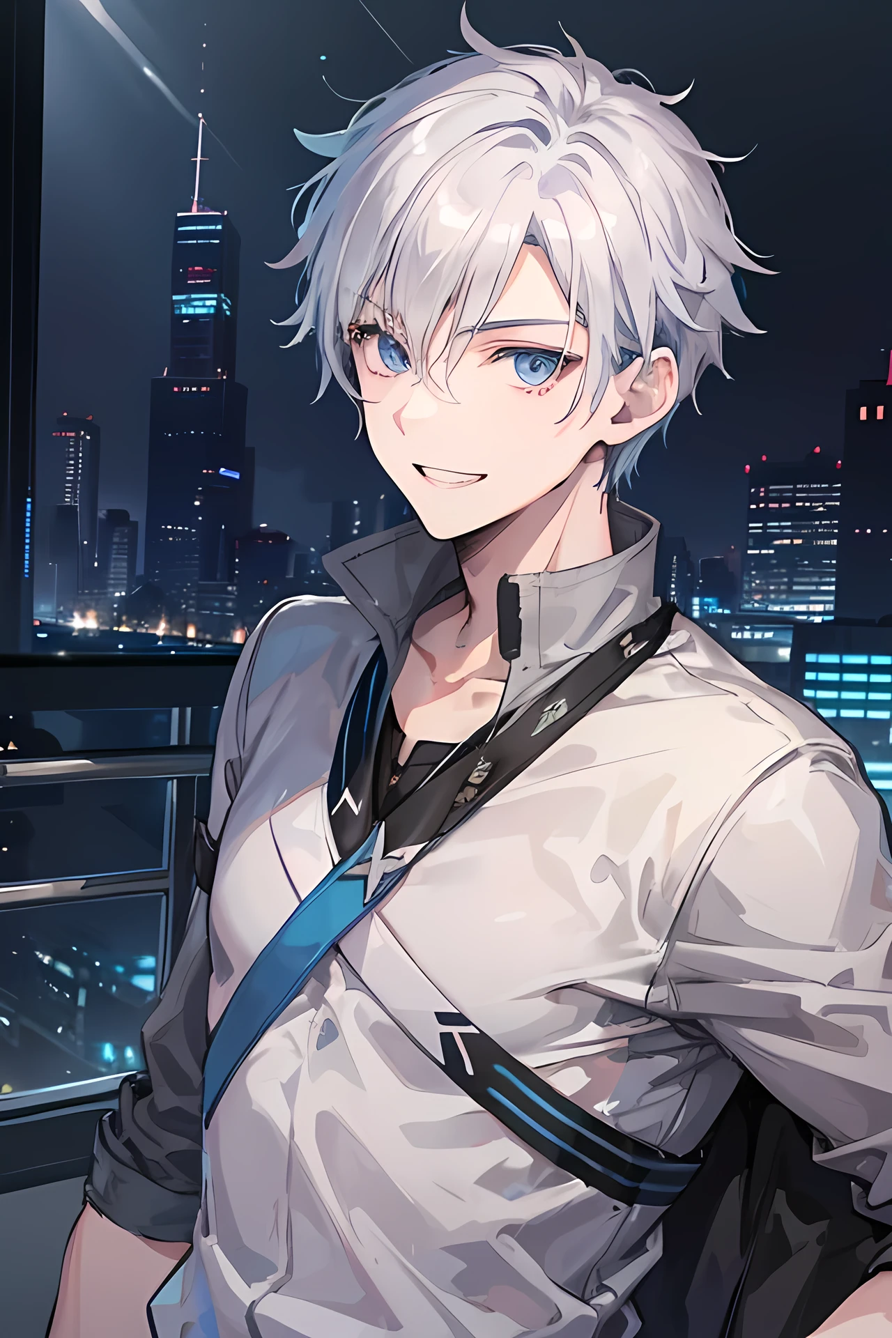 Young man, grey hair, blue eyes, toothy smile face, handsome man, casual wear, cool boy, bad boy, tall man, dark city background