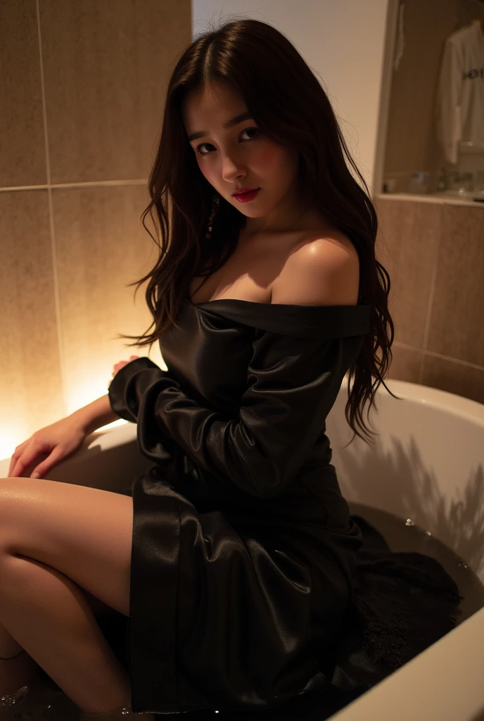 best qualityer, , black hair, long hair, baby face, small, Linda, Grinning, restroom, in the bath, whole body, nova, smallbreast, showing the chest, Messy hair, photoshot, showing body, real light, realisitic, fine-detailed, good lighting environment, lampshade, low cut dress, Witch costume, hat and witch