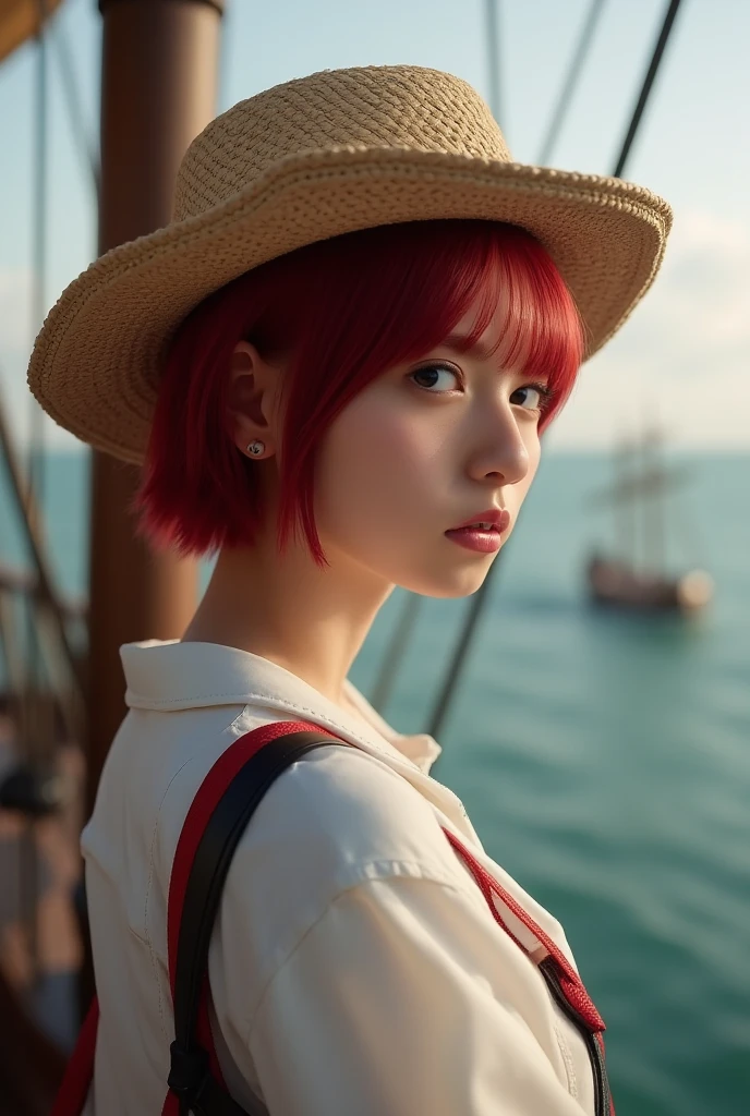 Highest quality、masterpiece、Delicate and beautiful face、Eye and facial details、Beautiful woman、Medieval European sea background、Textured skin、Super Detail、Attention to detail、Red Hair、black eye、Short Hair、Tattoo、Angry face、pirate eye patch、pirate、Pirate Hat、Cosplay、Long sleeve clothes