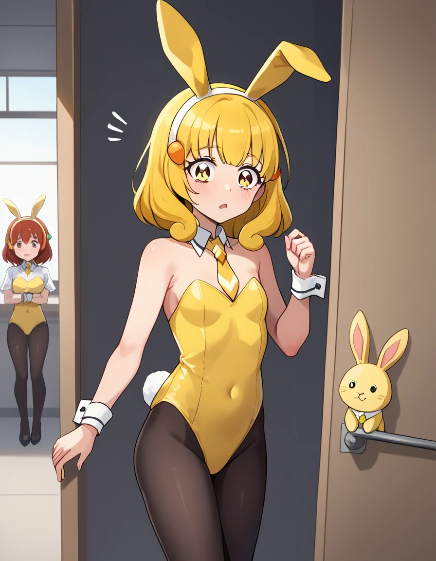 score_9, score_8_superior, score_7_superior, sauce_anime, One girl, alone, whole body, From below, One girl,alone,Glowing Skin, Crouching, Place your hands behind your back on the floor, cute, whole body,score_9, score_8_superior, score_7_superior, ブレークsauce_anime, CG, Yellow bunny ears, blush, Blue Eyes, Open your mouth, Embarrassed and angry face, Detachable white collar, Yellow bow tie, clavicle:1.2, Exposing shoulders:1.8, Slight cleavage, Bust 73cm, Height: 140cm, yellow strapless leotard:1.9, Yellow Playboy Bunny, White wrist cuffs, High leg:1.8, Thong:1.9, White rabbit tail, She wears black pantyhose under her leotard:1.9, Yellow Pin Heels, View your viewers, casino, camel toe:0.5