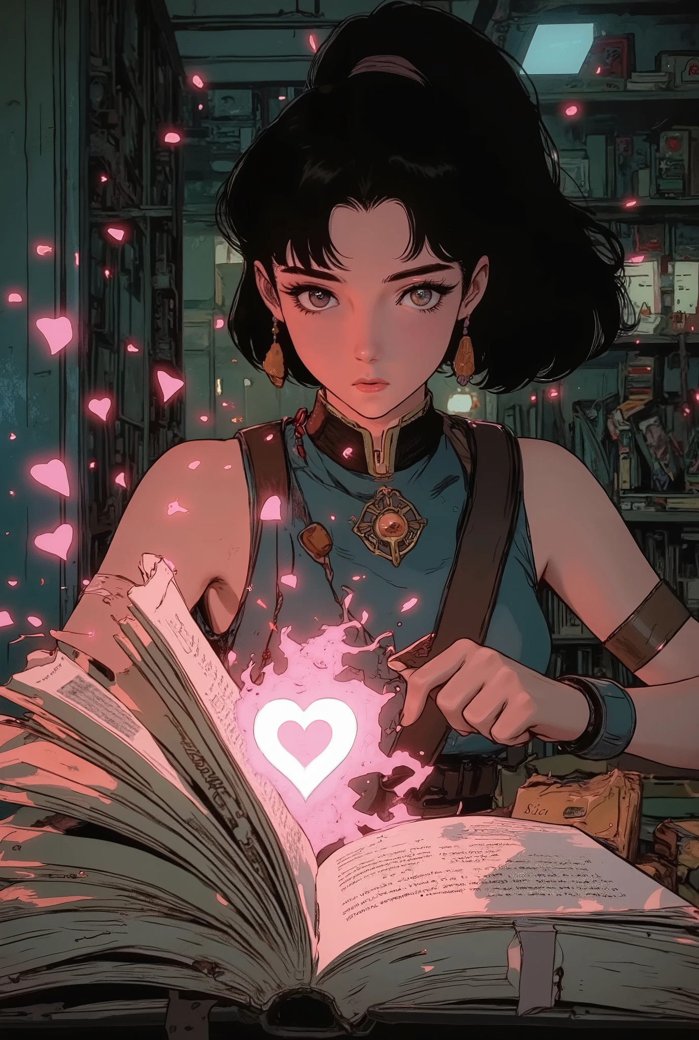 In a deserted library in a post-apocalyptic world,((looking down:1.8)). Old and battered old books.from below,from side,An old book shining with the light of love. . Old battered desk. Old books open on the desk.a female adventurer opens a forbidden old book. Ancient books of love. The light of love shining from the opened book is a shining heart mark.Looking down at a book.looking at object. A woman staring at a heart mark. . Contrast between the pink light of love and the dark room.anime art,dramatic portrait, clavicles. Tank top. Ponytail..Dynamic composition,The apocalypse.An old book shining with the light of love.80sanime,A pink magical aura. An aura of pink heart marks. Heart mark on the opened book.. Desolate library.. A heart mark blooming wildly. Pink petals of light.anime,
cyberpunk,hand,