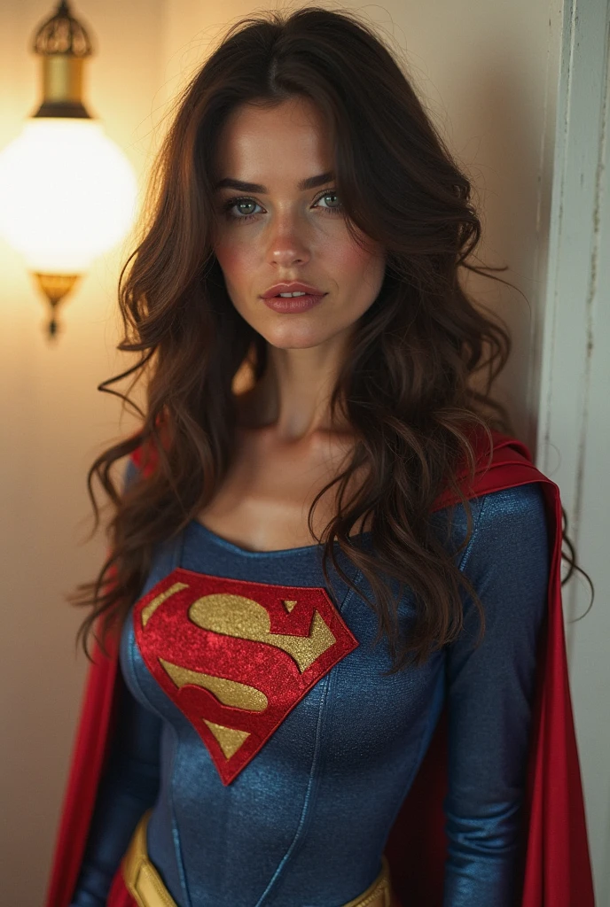 A SEXY TEENAGE FEMALE WITH GREY EYES AND LONG MESSY HAIR WEARING A CLASSIC BLUE SUPERMAN COSTUME AND RED SUPERMAN CAPE. large breasts, incredibly detailed skin and eyes, seductive poses, 8K resolution, masterpiece, ultra-detailed, realistic, photo-realistic, vivid colors, dramatic lighting, cinematic composition