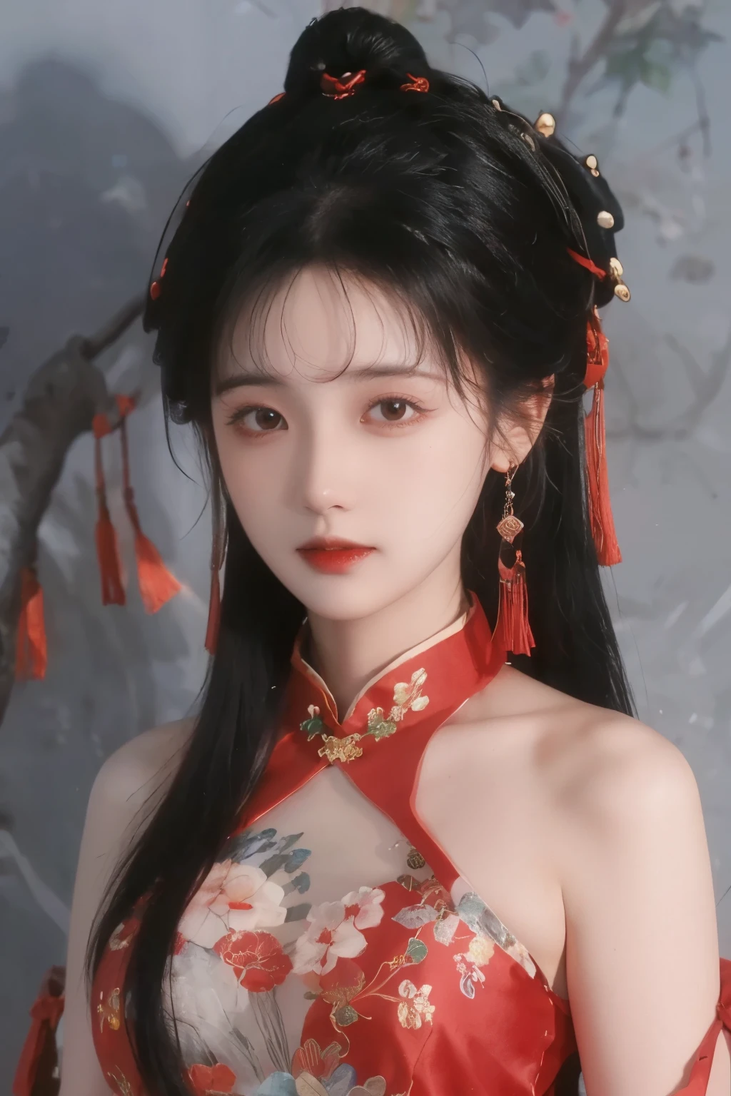 ( masterpiece, Top Quality, Best Quality, official art, Beautiful and Aesthetic:1.2), (1 Girl:1.3), flat chest, extremely detailed,(Fractal Art:1.1),(colorful:1.1)(Flowers:1.3),Highest Detail,(dynamic pose), (grey background:1.3), (The portrait of Nezha in traditional Chinese clothing:1.2), (shiny skin), ( many colors :1.4), ,(earrings:1.1),