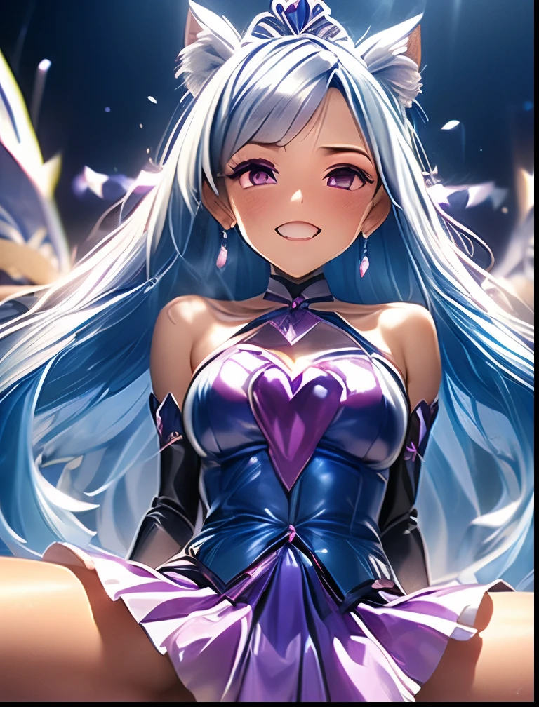 (((SFW、Highest quality、 first class masterpiece 、 normal body of a real person 、8k、 detailed face 、super precise、 real color 、5refer to、Highest)))、Pretty Cure、PRECURE、 Silver Hair、Magical Girl、pretty girl、 can be used、 Navel Exposure 、Big Breasts、Chest Valley、slender、 slim、high leg white slingshot、Panchira super miniskirt、Open Legs Embarrassing Pose、 Open Legs Sexy Pose、Fall into Darkness、heart on navel dirty tattoo、heart on chest dirty tattoo、Heart tattoo on body、dark light、evil magic particle、Hypnosis、Hypnotic、Eyes that shine in a heart pattern、hollow eyes、Chain Lead Slave Iron Collar、Female slave、Brain washing is complete、kind smile、Calm expression、embarrassed blush、ChainBondage、bow down、Trembling violently and panting、Open your mouth happily, stick out your tongue, salivate, and expose your face to A