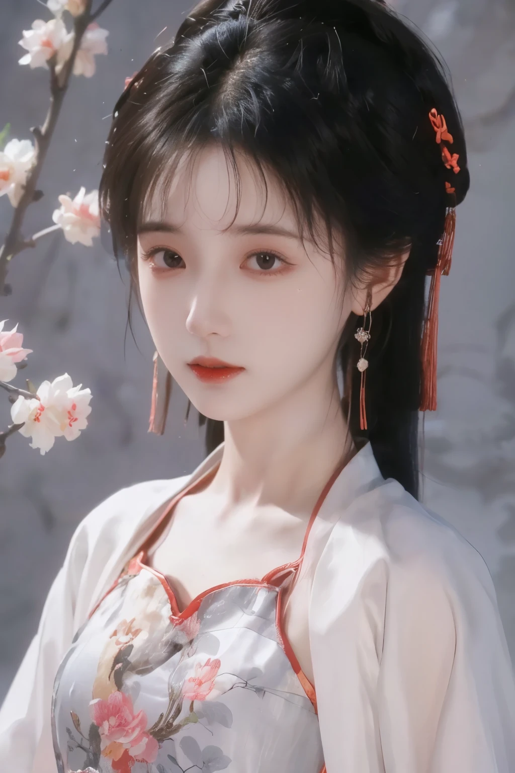 ( masterpiece, Top Quality, Best Quality, official art, Beautiful and Aesthetic:1.2), (1 Girl:1.3), flat chest, extremely detailed,(Fractal Art:1.1),(colorful:1.1)(Flowers:1.3),Highest Detail,(dynamic pose), (grey background:1.3), (The portrait of Nezha in traditional Chinese clothing:1.2), (shiny skin), ( many colors :1.4), ,(earrings:1.1),