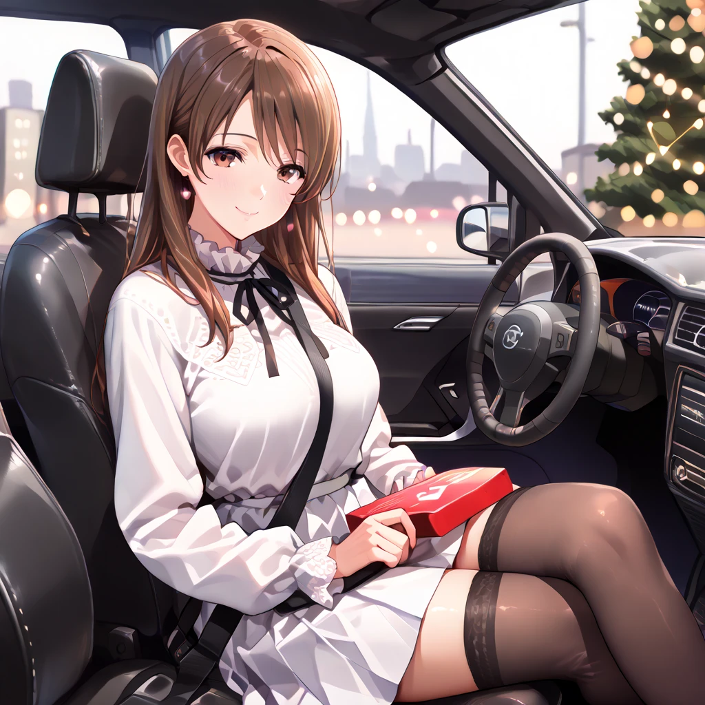 (1) A woman is about to get out of the driver&#39;s seat of a luxury sports car.. from a sitting position, she opens the door and puts one foot out. when she does, her red panties are almost visible.
(2) That woman has long brown hair..
(3) That woman is the president of the company、Her outfit is a flashy and sexy high-class skirt suit with a frilled shirt underneath.。.
(4) she is smiling.
(5) The location is an underground parking lot of a luxury condominium..