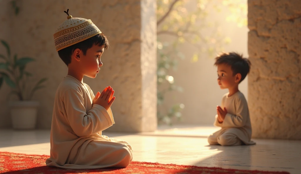 Realistic 2 muslim boy sitting on prayer place, and looking the camera. The boy is wearing white Shalwar Kameez and islam muslim cap on head, and boy face at from side. the background features simple bedroom and Nur written in red font on behind white wall and Makkah & Madina masjid photo frame holding on wall