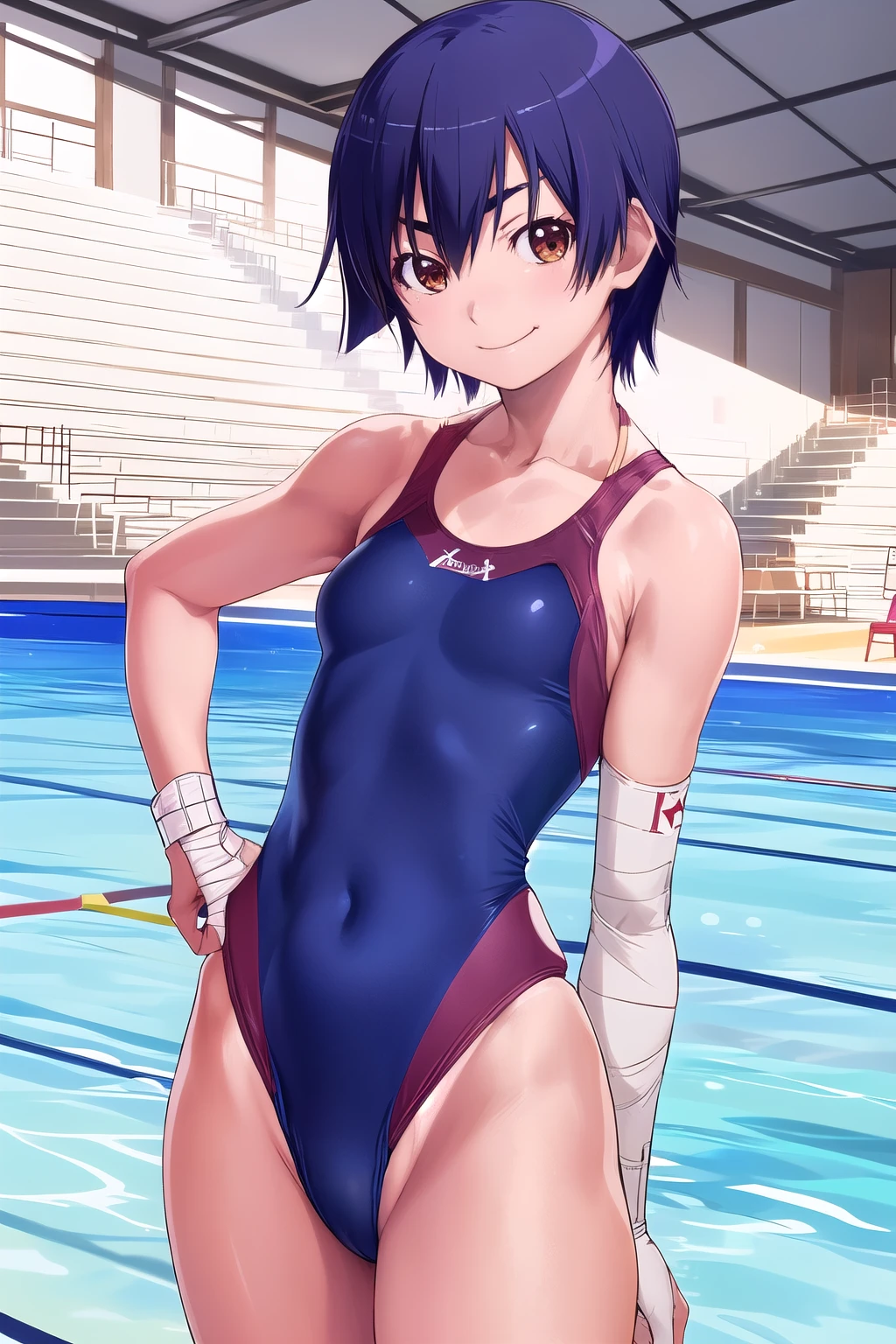 (kanbaru suruga), hidden hair, Alone, viewers, bandage, smile, short hair, medium breasts, brown eyes, (skinny body), (small breastst), smile, cowboy shooting, standing, arms behind back, (blue competition swimsuit:1.5)