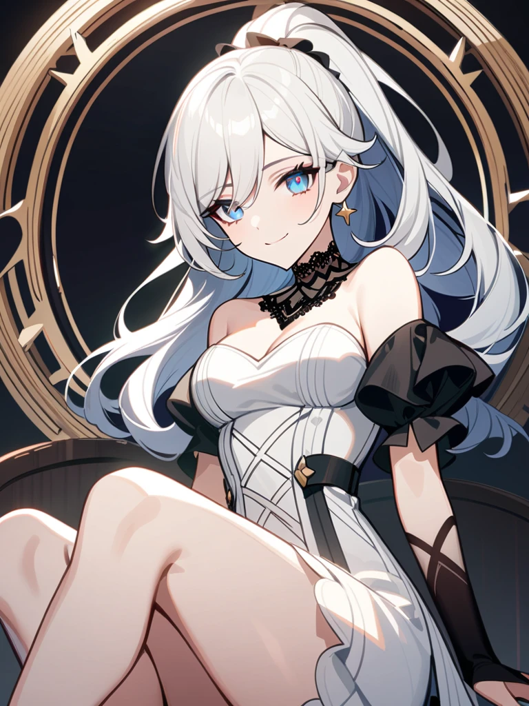 ((masterpiece)), (best quality), (illustration), highres, perfect anatomy,
solo, 1girl, rhorrormare, lappland \(arknights\), mash kyrielight \(dangerous beast\) \(cosplay\), grin, fur-trim