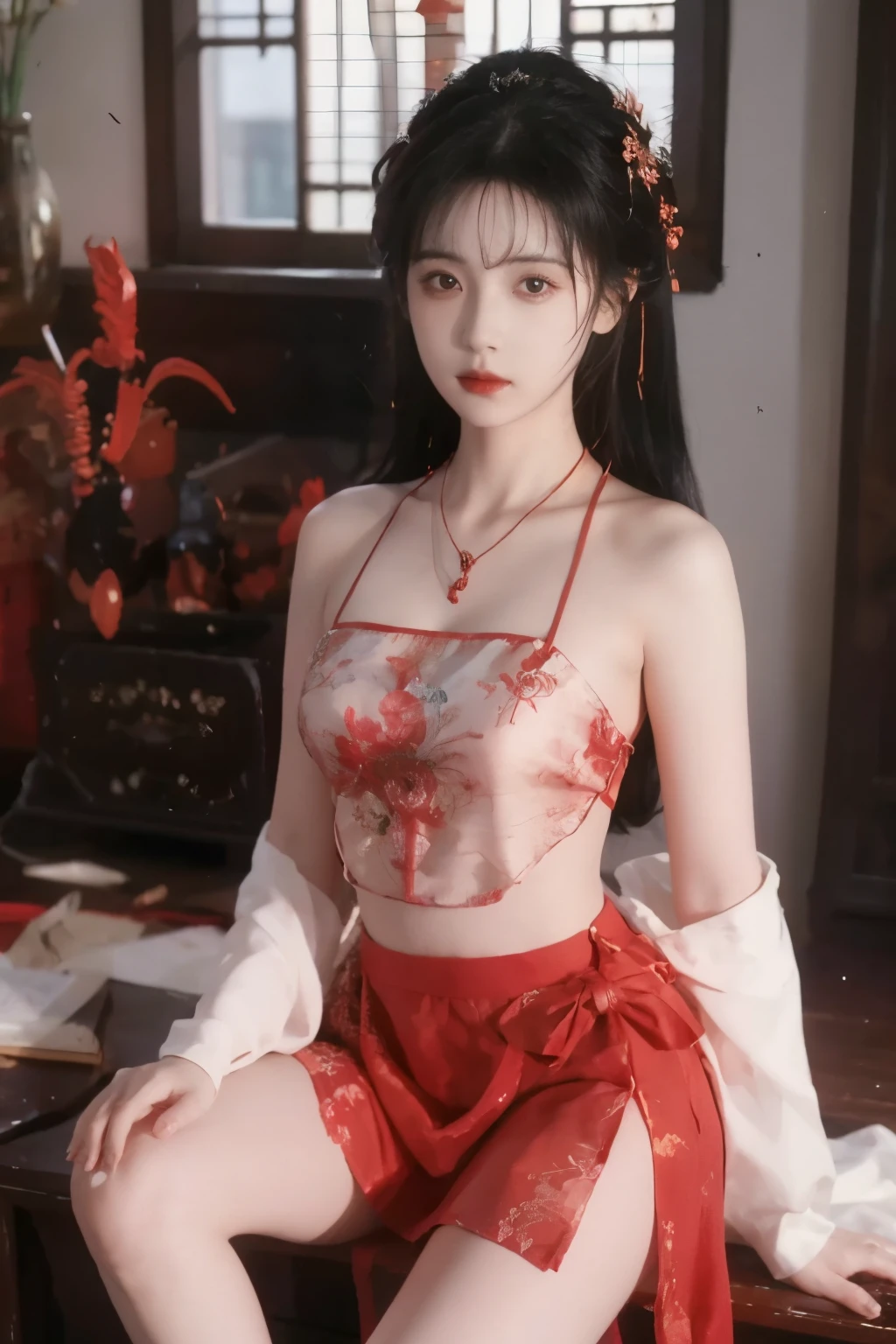 is the best quality,  masterpiece, High Aims, 1 girl, Beautiful red Hanfu, Hair   ornaments,  necklace,   ornament, pretty face, When the body, Tyndell effect, Realistic portrait, Dark Studio, Edge lighting, Bicolor Light , (very delicate skin:1.2),  8,000 uhd, DSLR, Soft Light, High quality, Volumetric Lighting, Honest, photo, high resolution, 4K,  8,000, Bokeh, dark hair，PINK HAIR TIPS, pink eyes.1 girl, skirt,  Hair accessories , red skirt, alone,  Chinese clothing ,  long hair, Sitting, bare shoulders, window, brown hair, OK, interior, dark hair,