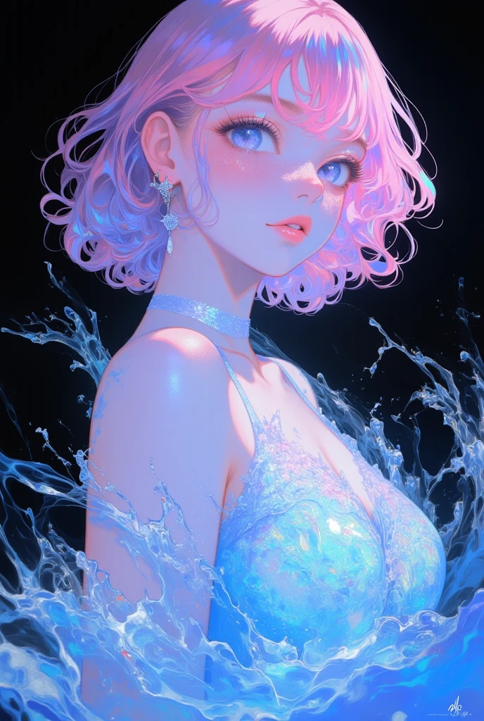 A woman in a bikini is underwater on a blue background, ((white bikini)), (cropped hair:1.4) Amazing digital illustrations, Beautiful digital artwork, colorful hair, green eyes, (pink hair:1.15) 20 years old, 1 girl, realistic digital illustration, Beautiful digital painting, Shiny digital painting, beautiful