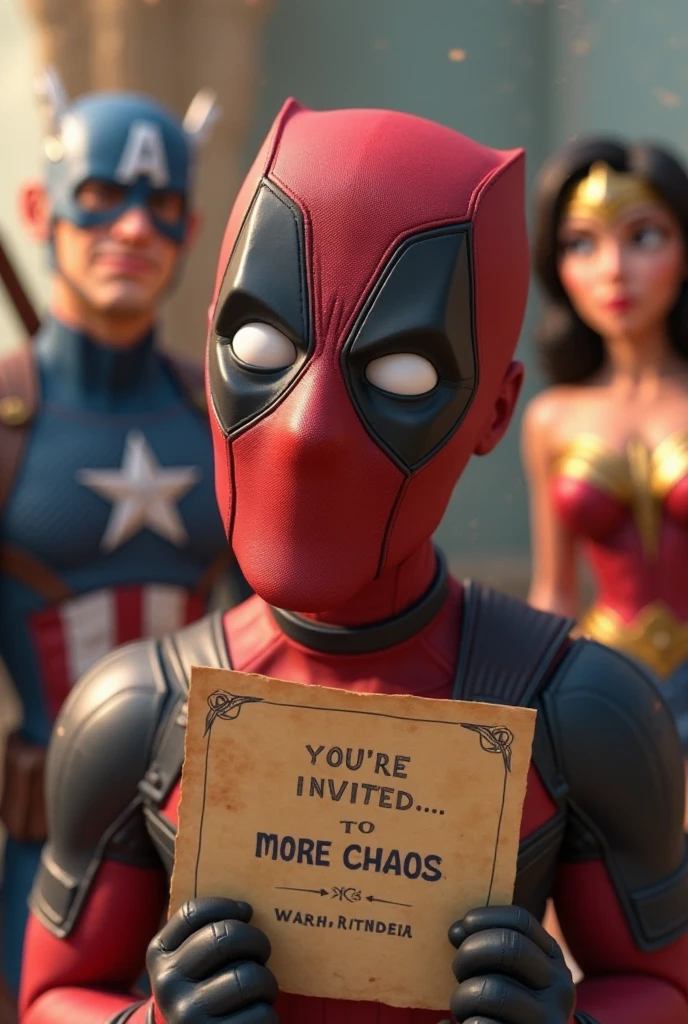 A close-up of Deadpool with a cheeky grin, leaning toward the camera as ...
