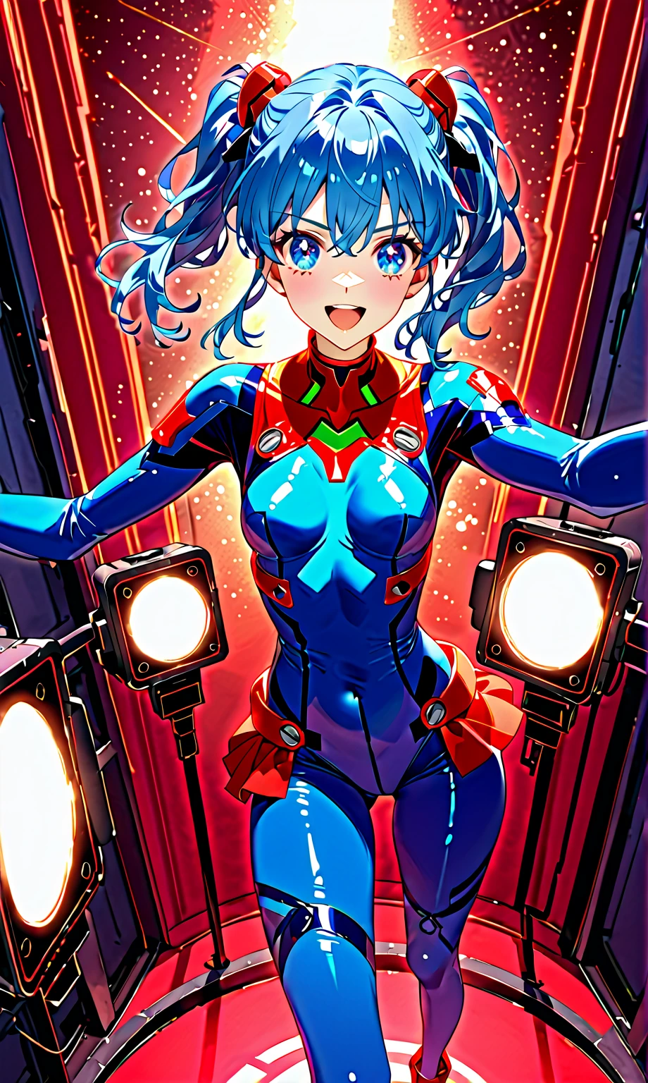 masterpiece, best quality, highres, 1girl, solo, superhero, red leotard, bare legs, red boots, matching boots, aura, blue aura, sleeveless, red gloves, bracelets, matching gloves, looking at viewer, light particles, city backdrop, perfect hands, perfect eyes, powering up, perfect leotard, perfect legs, perfect arms, perfect fingers, light blue and dark green leotard, green hair, aquamarine eyes, medium breasts, short hair, bob hair, blue skin, light sprinkles,