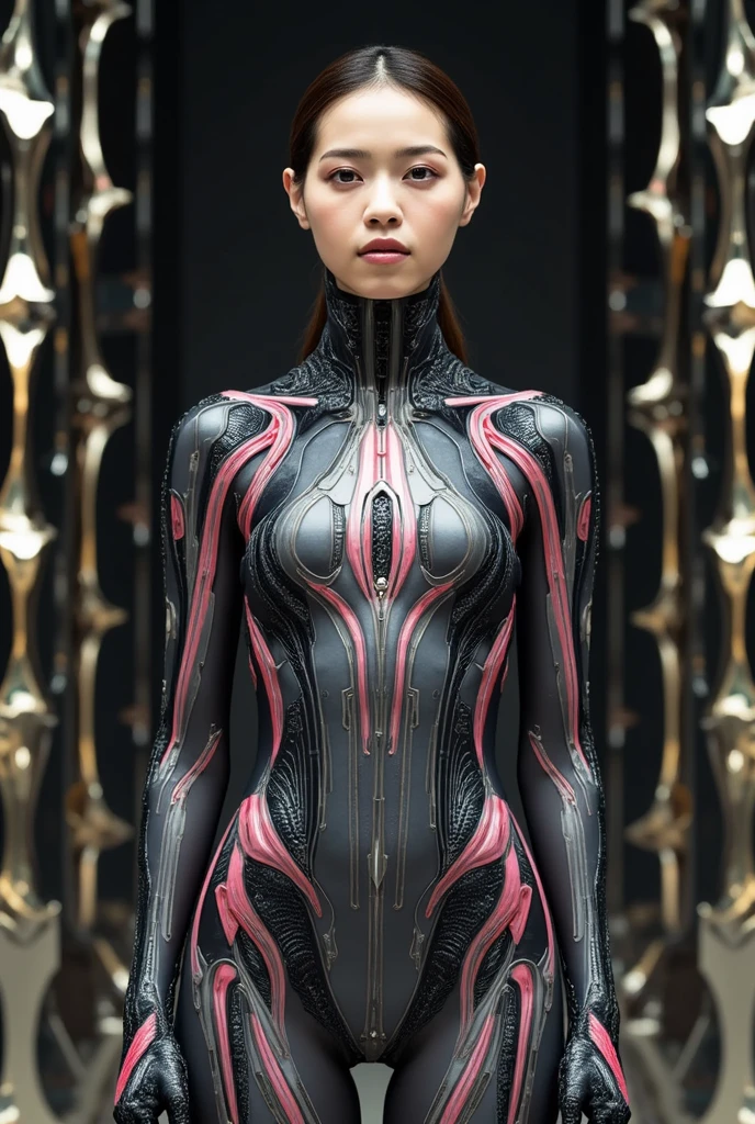 cinematic lighting, UHD, masterpiece, accurate, super detail, high details, high quality, award winning, best quality, highest, 16k, ultra detailed face, ultra detailed eyes, ultra detailed lips, ultra detailed hair, realistic textured skin, perfect , perfect fingers, Futuristic native futurism, Actress plays the high-level cybernetic cyborg, she wears a bio-bodysuit made of a complex fusion of cells.
A  with a dark grey base and complex intersecting white and pink lines, Very revealing , ultra , cleavage, Japanese goddess of Love, sensuality, Artistic details, Cyberpunk Japanese mythology, Epic science fiction fantasy, Centered, Keita Amemiya's special effects fantasy work, Dark prism, Dark Metal composition, symmetrical arrangements, Iridescent metallic, distinctive eyes, distinctive lips, Ethereal, Blood-splattered makeup, eye-catching metallic compositions, Symmetrical geometry, gothic references, With bold lines and black stripes, White, Red, Gold and silver, Fantasy science fiction art, a detailed painting, A fusion of Yoshitaka Amano and Hans Rudi Giger,