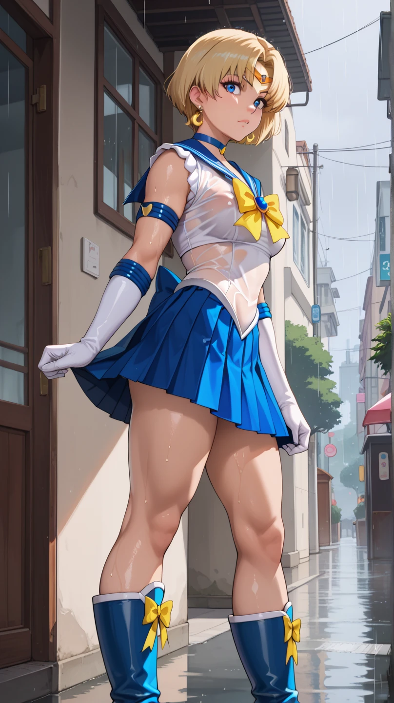 best quality, (masterpiece:1.2), highly detailed, standing, outdoors, building, school, FEMALE hand on hips 1girl, solo, standing, looking at the viewer, smile, sign to viewer brown hair, ponytail, brown eyes, scrunchie, (sailor senshi uniform), circlet, jewelry, earrings, choker, red bow, white gloves, elbow gloves, blue skirt
