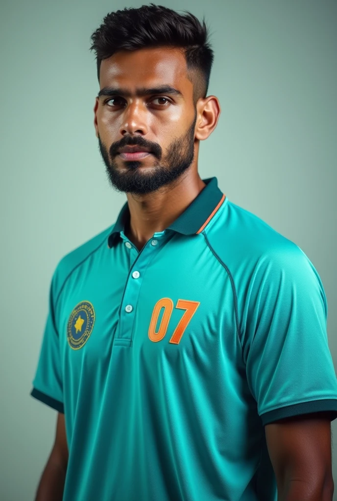 Base model of a handsome indian man, homoerotic, masterpiece, crotch bulge, handsome face, posing for photo shoot, ultra HD, 16k resolution, handsome face, beautiful eyes, messy hair, he is a cricket player, (wearing indian cricket team Jersey)