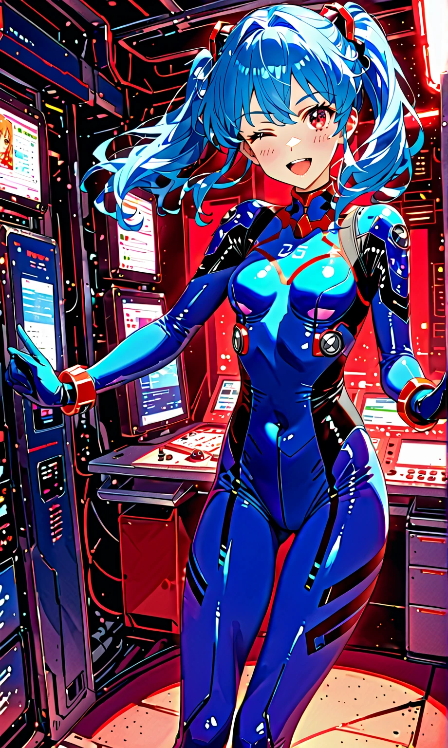 masterpiece, high quality, extremely detailed, 1girl, solo, marianne von edmund dressed up as Zero Suit Samus, short blue hair, brown eyes, medium breasts, zero suit, blue gloves, light smile, standing, holding a blaster, smile, blush, upper body shot, outer space, space environment, outer space background

