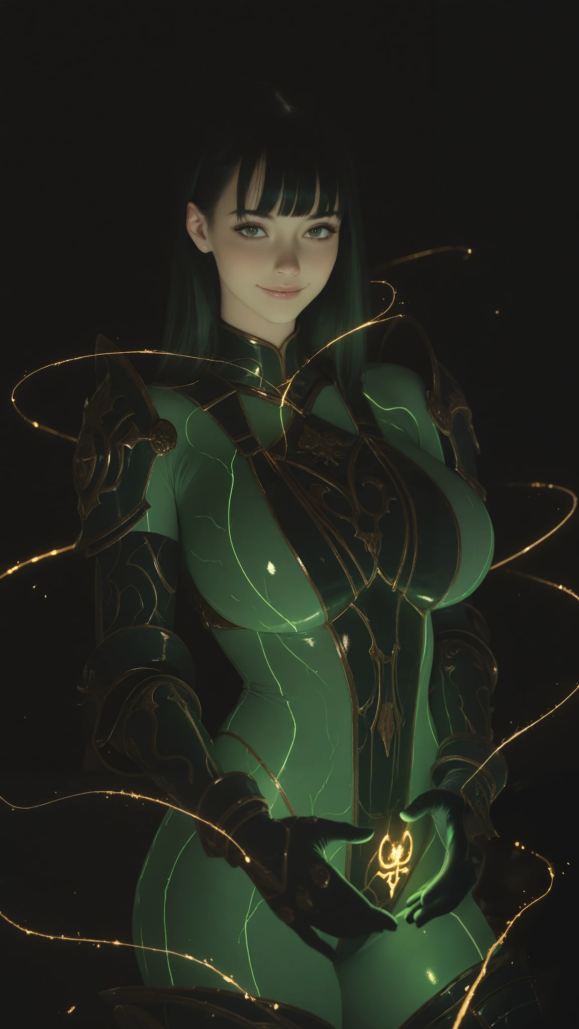 (best_quality, masterpiece:1.2), (highly detailed), (uhd, high_resolution, highres), female, body-fit dark green armor, huge breasts, floating golden lining, glowing lines, intricate lines, geometric lines, floating golden runes, long black hair, flat bangs, looking at viewer, alluring smile, dark background, golden ambience lighting, mcu eternal aesthetic, 