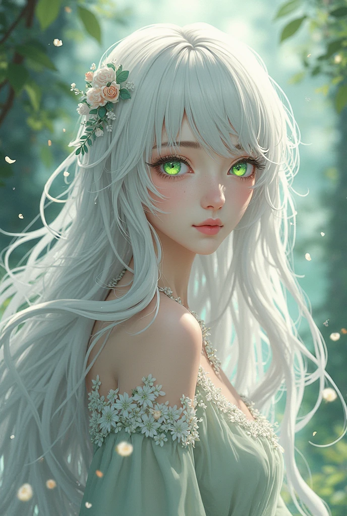 An ethereal and dreamy depiction of a beautiful Angel little girl innocent, big green full of life, silver hair girl, surrounded by a soft and gentle atmosphere that highlights his graceful and serene nature, halo, artstation, digital painting, trending